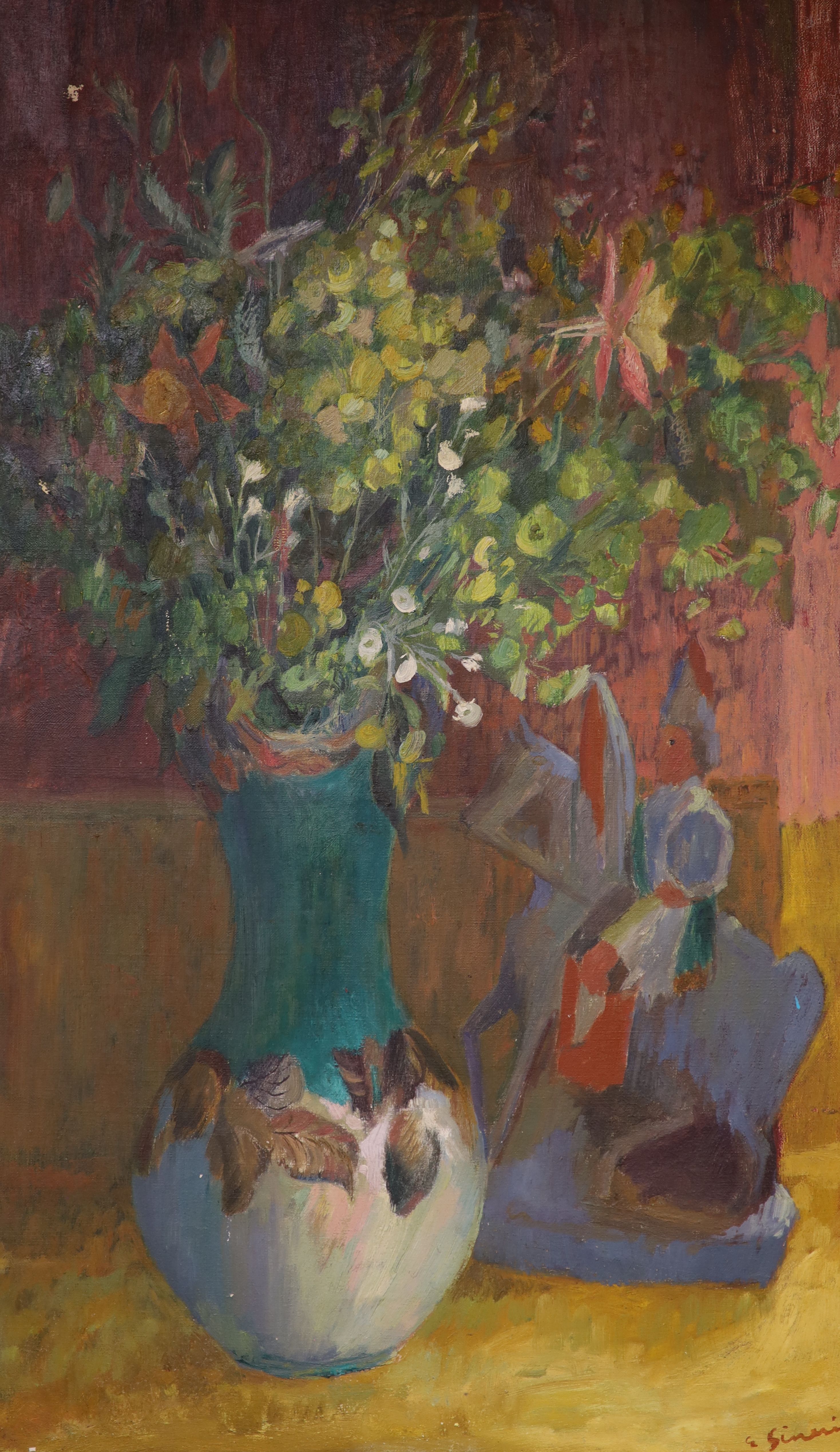 Edna Ginesi (1902-2000), oil on canvas, Still life of flowers in a vase with a figure alongside, signed, 75 x 45cm